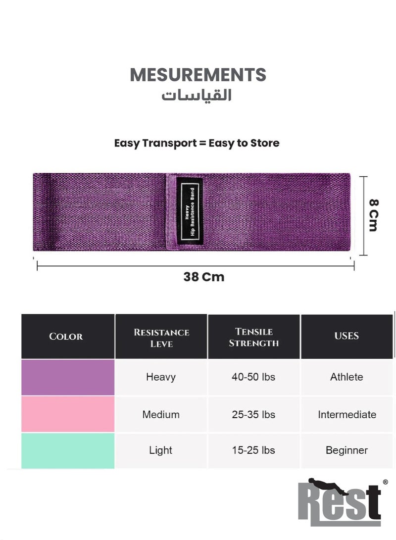 REST Fabric Resistance Bands Set of 3 – Non-Slip Elastic Exercise Bands for Glutes, Hips, Legs, Butt & Thighs – Thick Wide Workout Loop Bands – Multicolor (Pink, Purple, Green) - Image 4